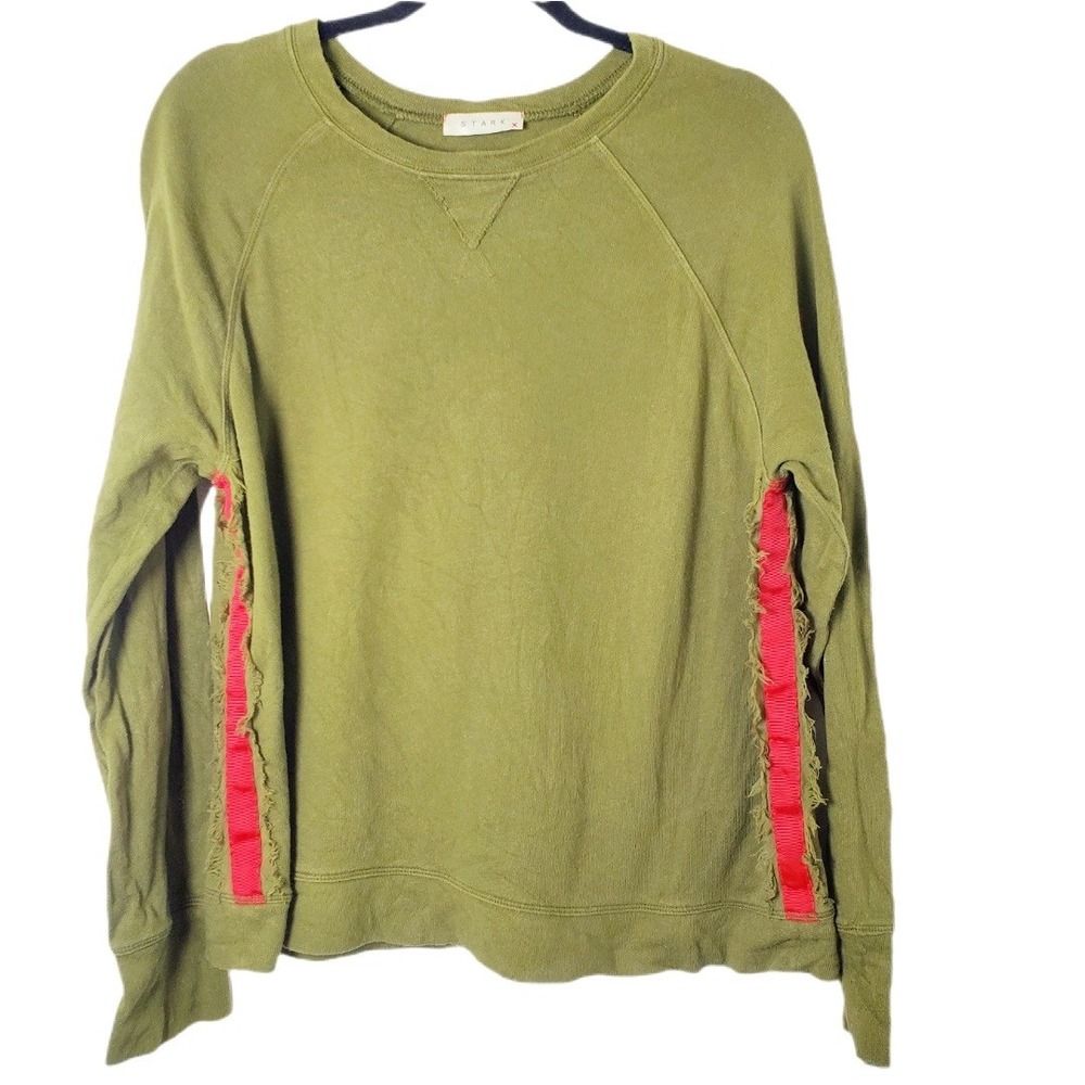 STARK X Women's Sweatshirt Distressed Olive Green with‎ Red Ribbon Detail Size M